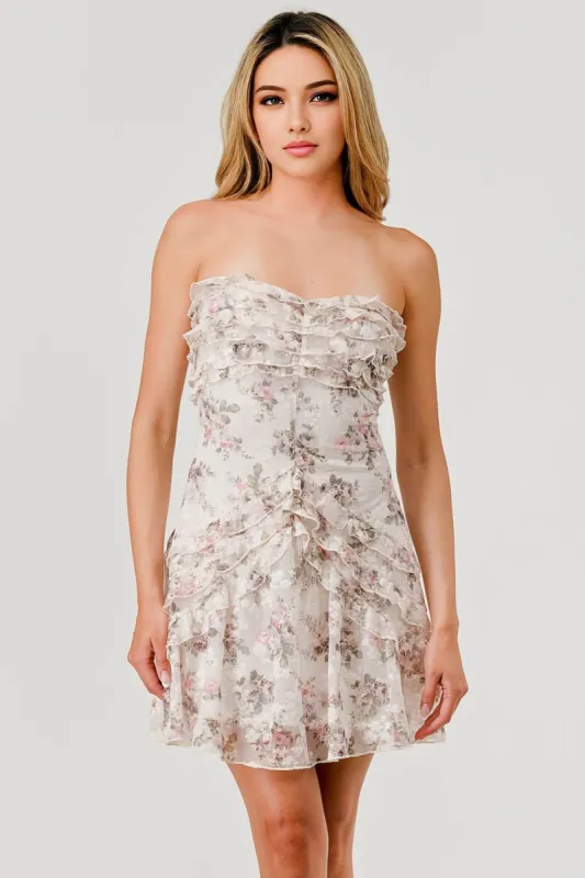 AD3996S / PRINTED FLOCKING MESH MINI RUFFLE DRESS sold by privy