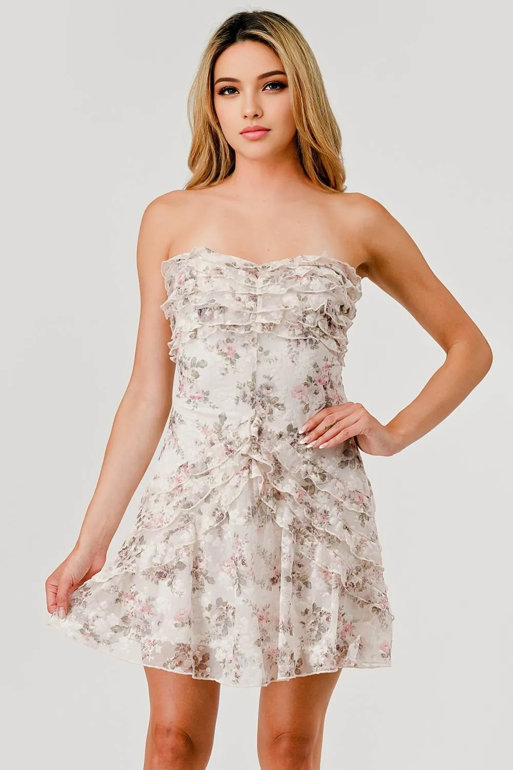 AD3996S / PRINTED FLOCKING MESH MINI RUFFLE DRESS sold by privy product image thumbnail 5