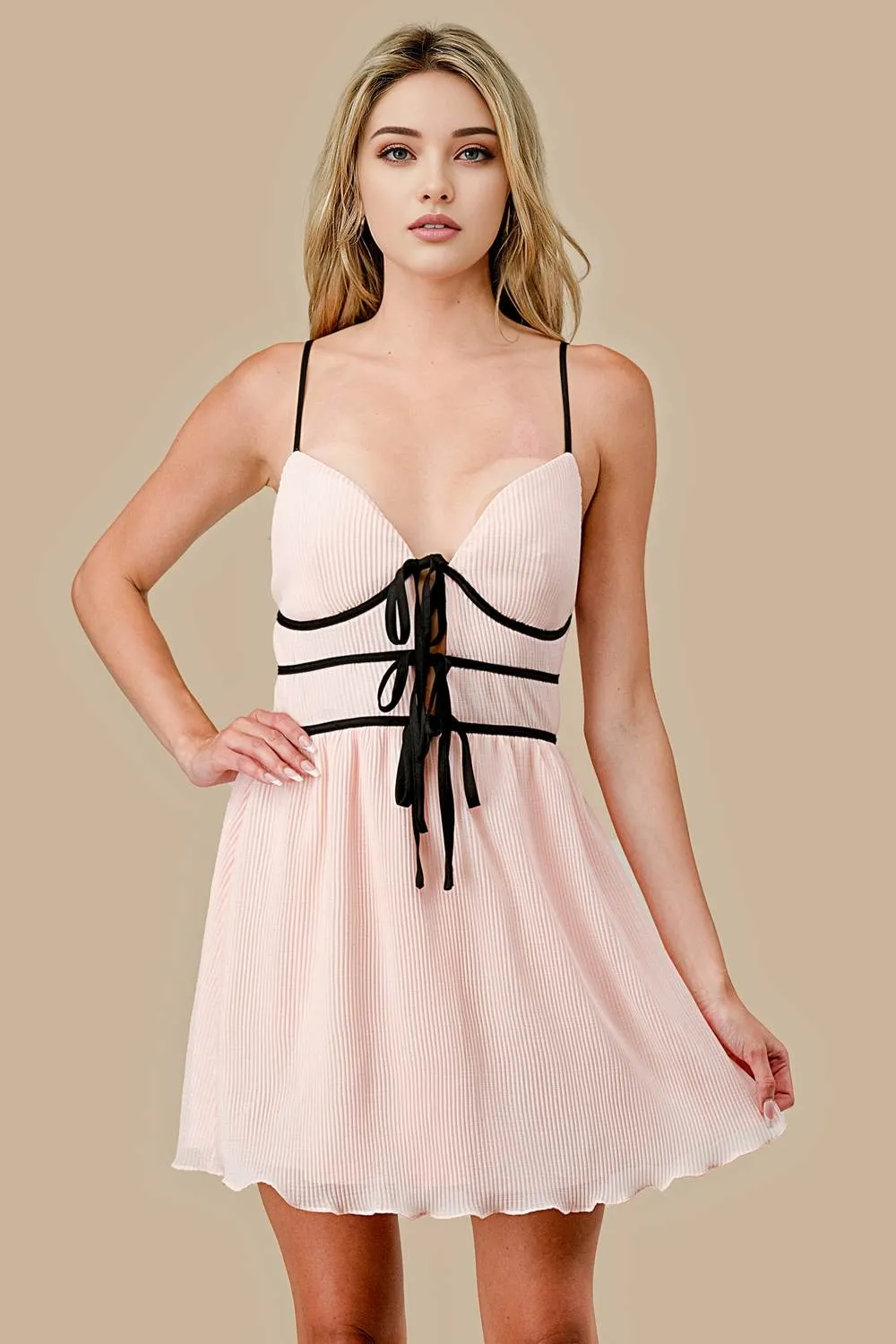 AD3986S / WOVEN PLEATS WITH CONTRAST STRAPPING MINI DRESS sold by privy