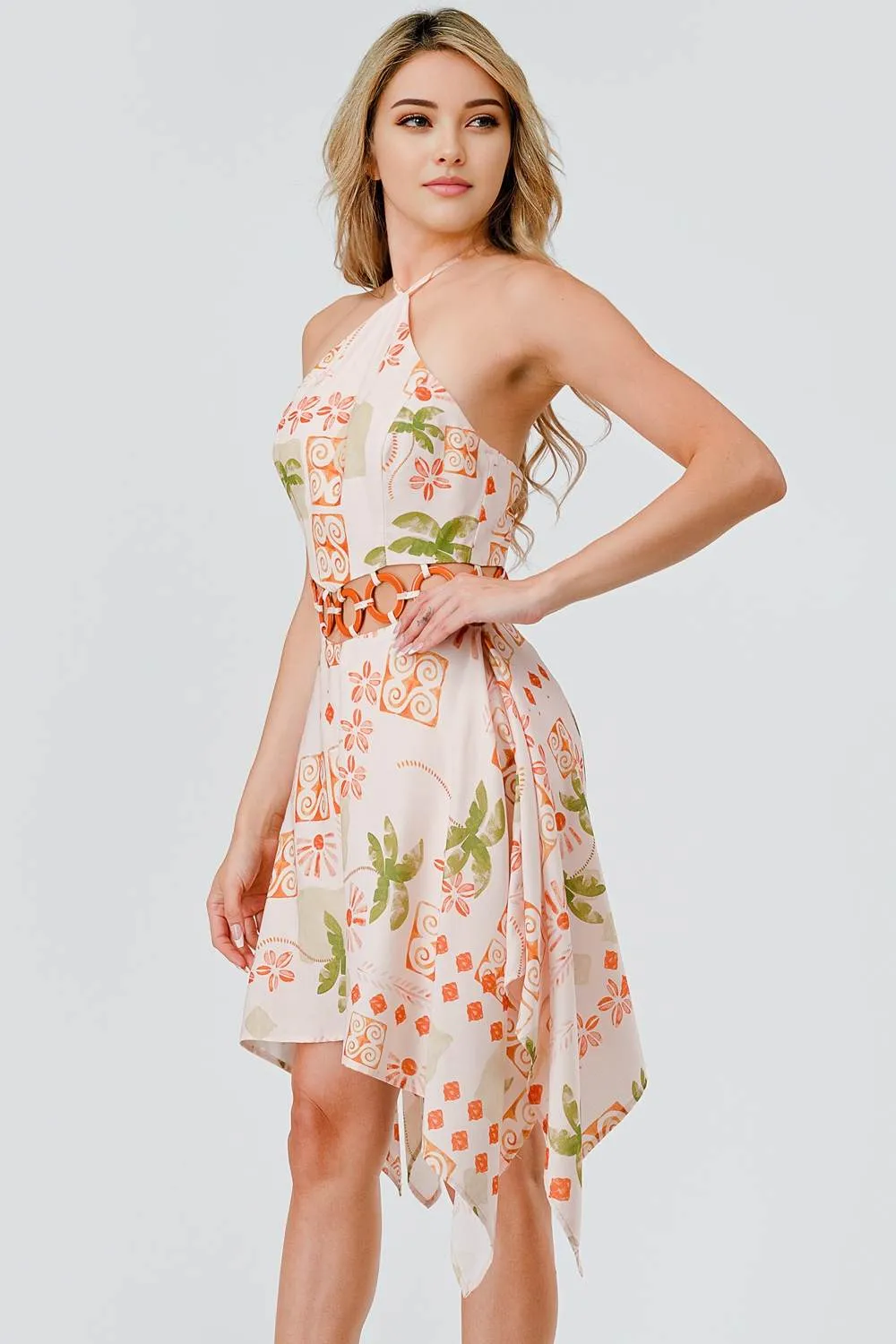 AD30022E / POLY LINEN PRINT HALTER & RING WAIST TRIM ASYMMETRICAL DRESS sold by privy product image thumbnail 4