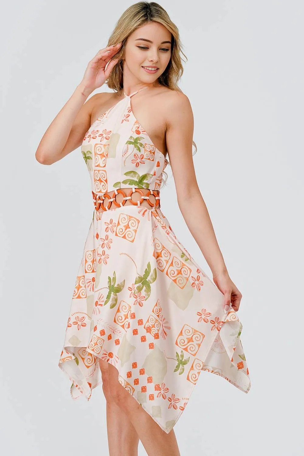AD30022E / POLY LINEN PRINT HALTER & RING WAIST TRIM ASYMMETRICAL DRESS sold by privy product image thumbnail 2