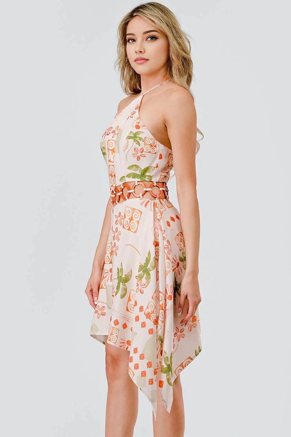 AD30022E / POLY LINEN PRINT HALTER & RING WAIST TRIM ASYMMETRICAL DRESS sold by privy product image thumbnail 3