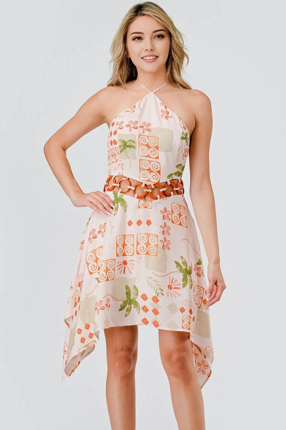 AD30022E / POLY LINEN PRINT HALTER & RING WAIST TRIM ASYMMETRICAL DRESS sold by privy