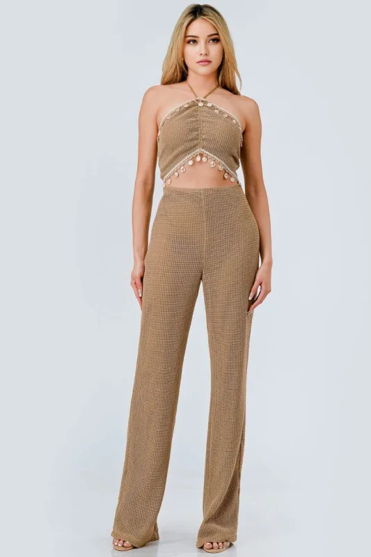 AJKS1125N / TEXTURED KNIT W/ SHELL TRIM HALTER JUMPSUIT sold by privy
