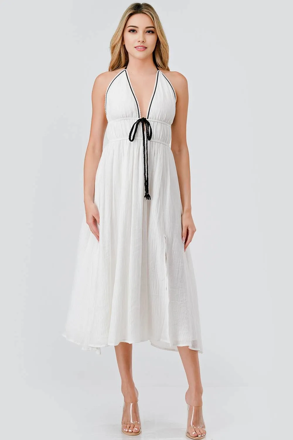 AD4105E / TEXTURED WOVEN & TRIM & BRAIDED HALTER DRESS sold by privy