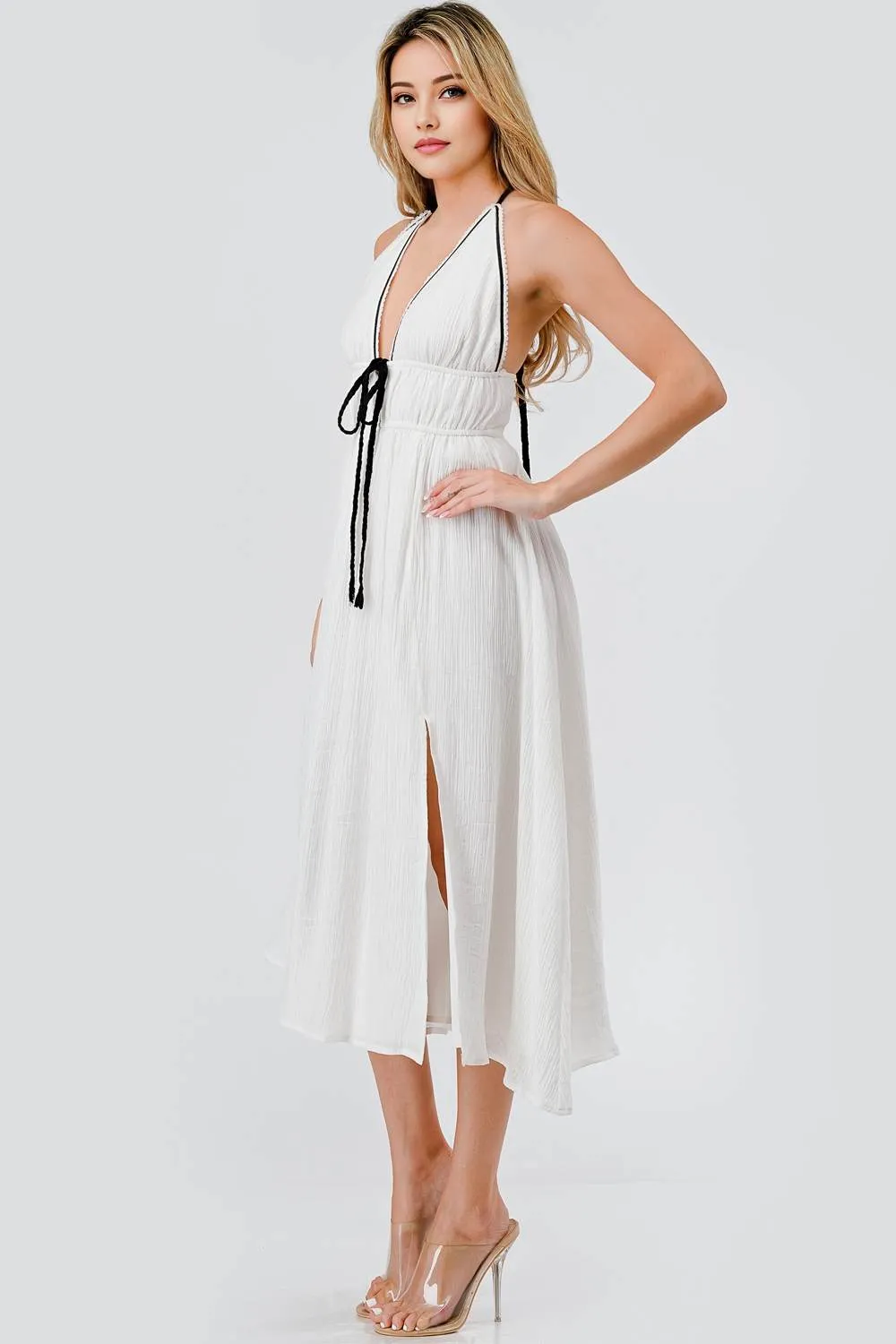 AD4105E / TEXTURED WOVEN & TRIM & BRAIDED HALTER DRESS sold by privy product image thumbnail 3