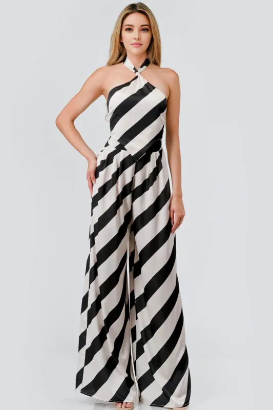 AS5143S / BIAS SATIN STRIPE HALTER TOP & WIDE PANTS SET sold by privy