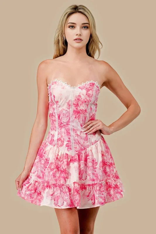 WOVEN PRINT WITH TRIM LACE INSERT MINI DRESS sold by privy