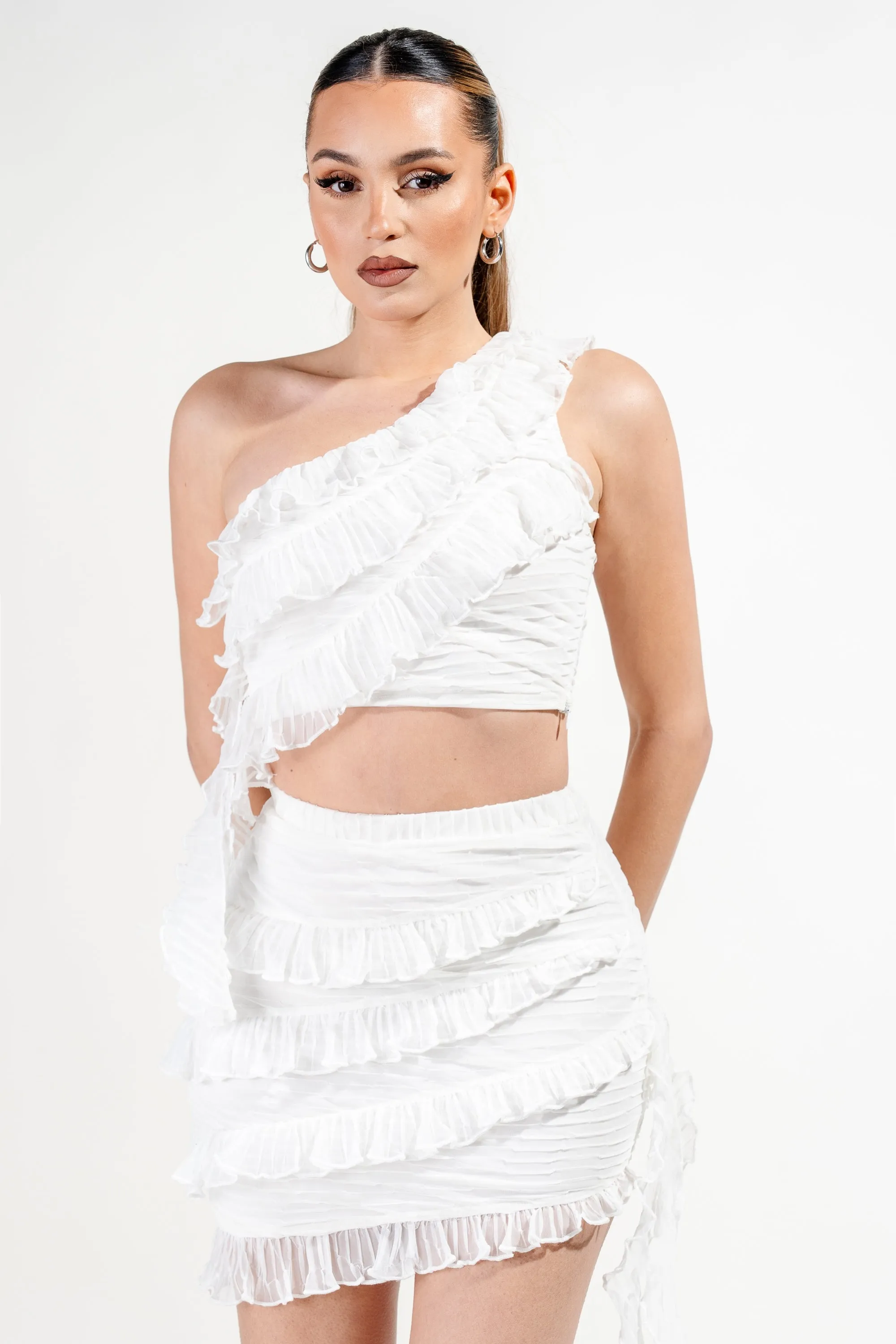 PS9322B-W / PLEATED MESH RUFFLED ONE SHOULDER TOP & SKIRT SETS sold by privy