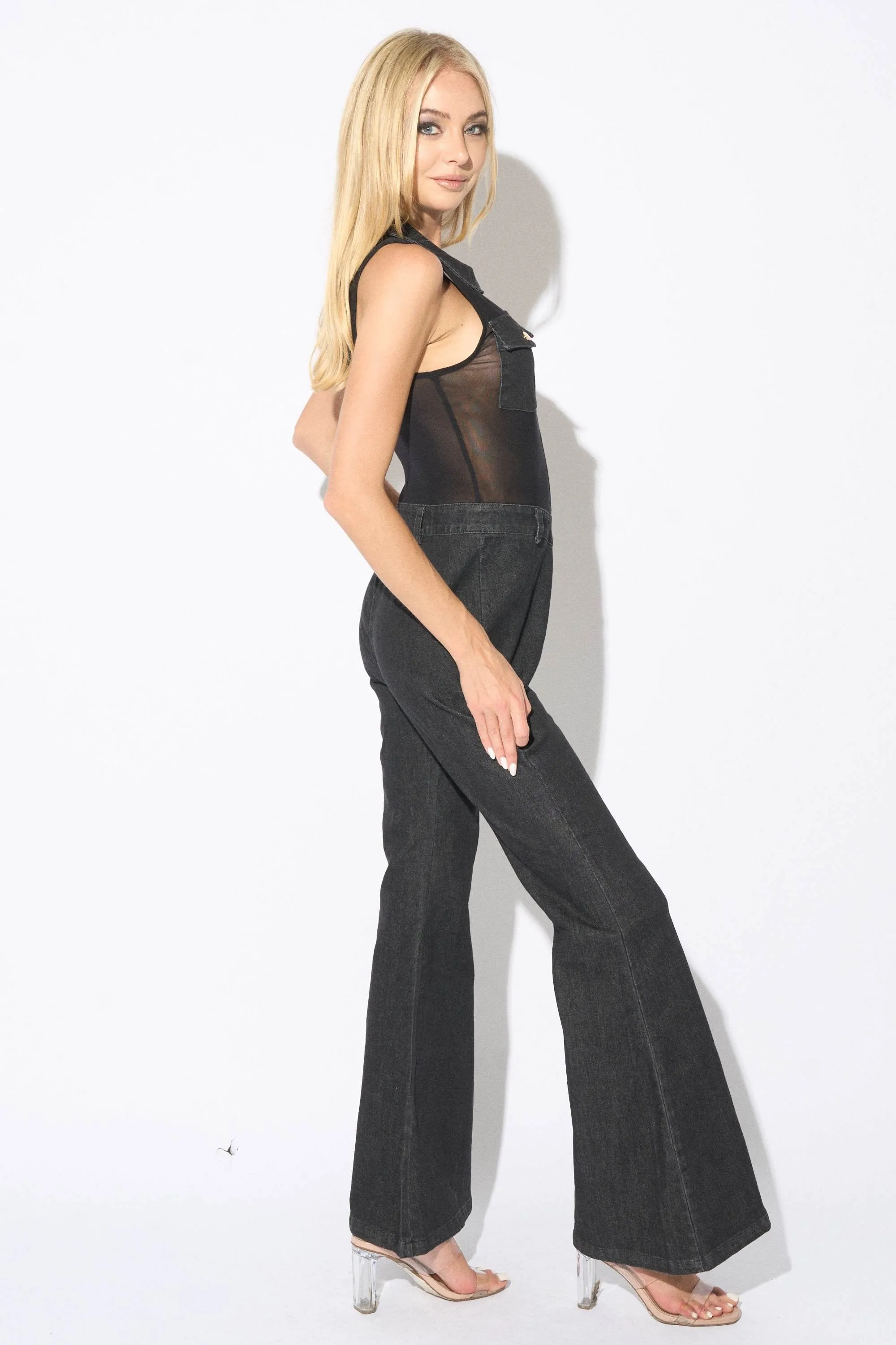 PJ11149E-W / STRETCH WASHED DENIM & MESH JUMPSUIT sold by privy product image thumbnail 2