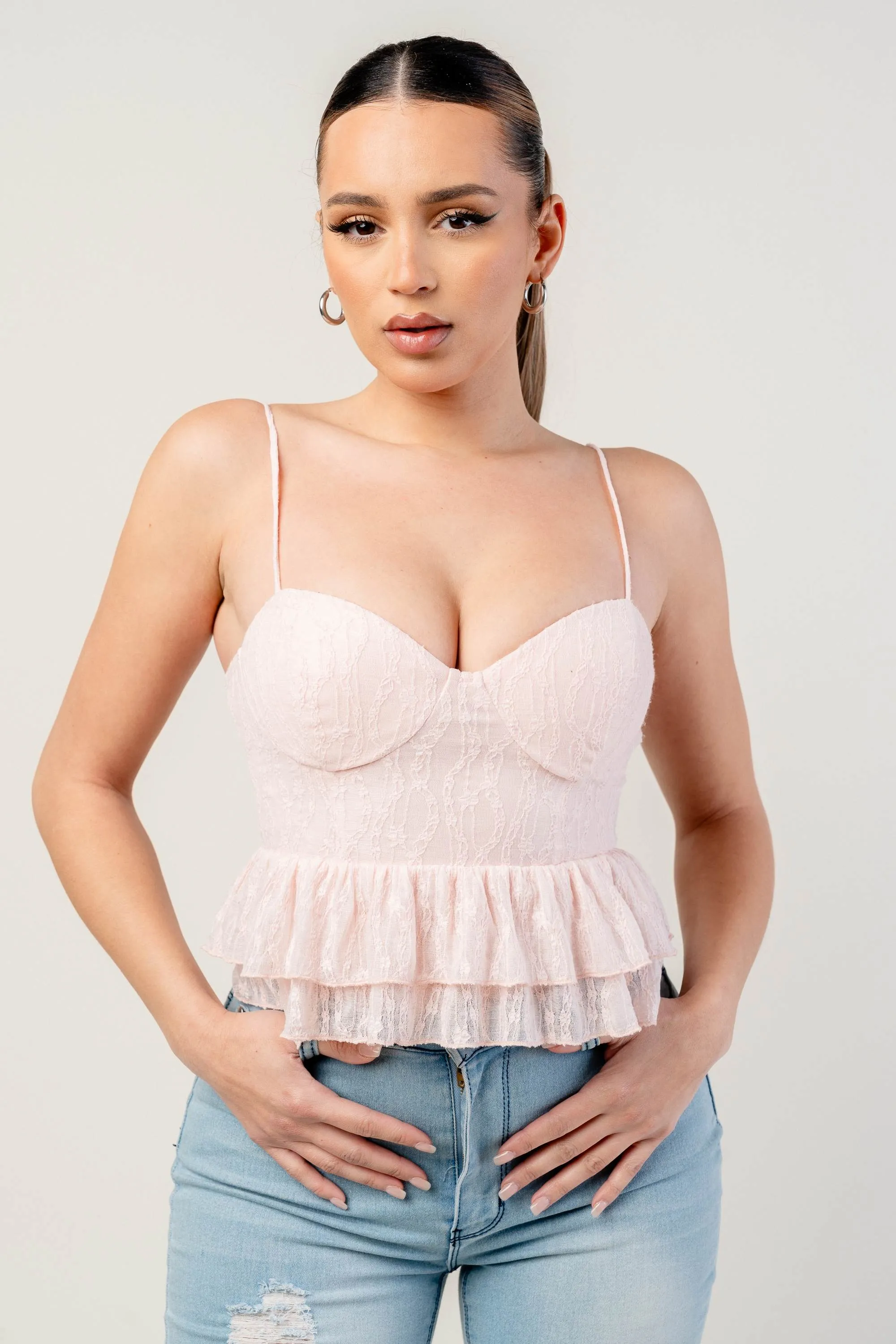 PT45055B-W / STRETCH LACE PEPLUM TOP sold by privy