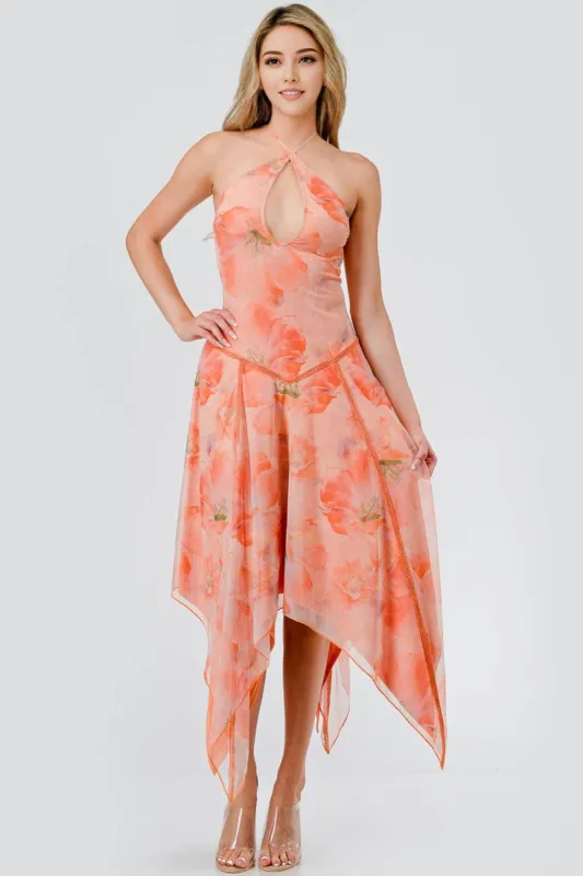 AD30037K / MESH PRINTED DRESS W/ ASYMMETRIC HEM sold by privy