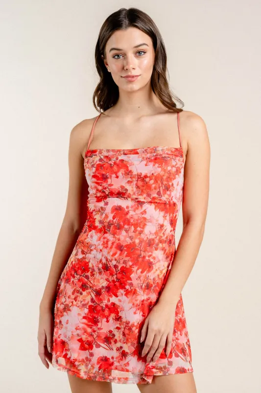BD12717E / ROMANTIC FLORAL PRINT MESH HOTFIX TANK MINI DRESS sold by privy