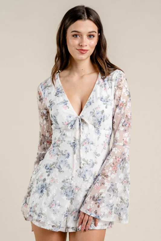 BJ7316S / ROMANTIC FLORAL BURNOUT MESH KIMONO SLEEVE ROMPER sold by privy