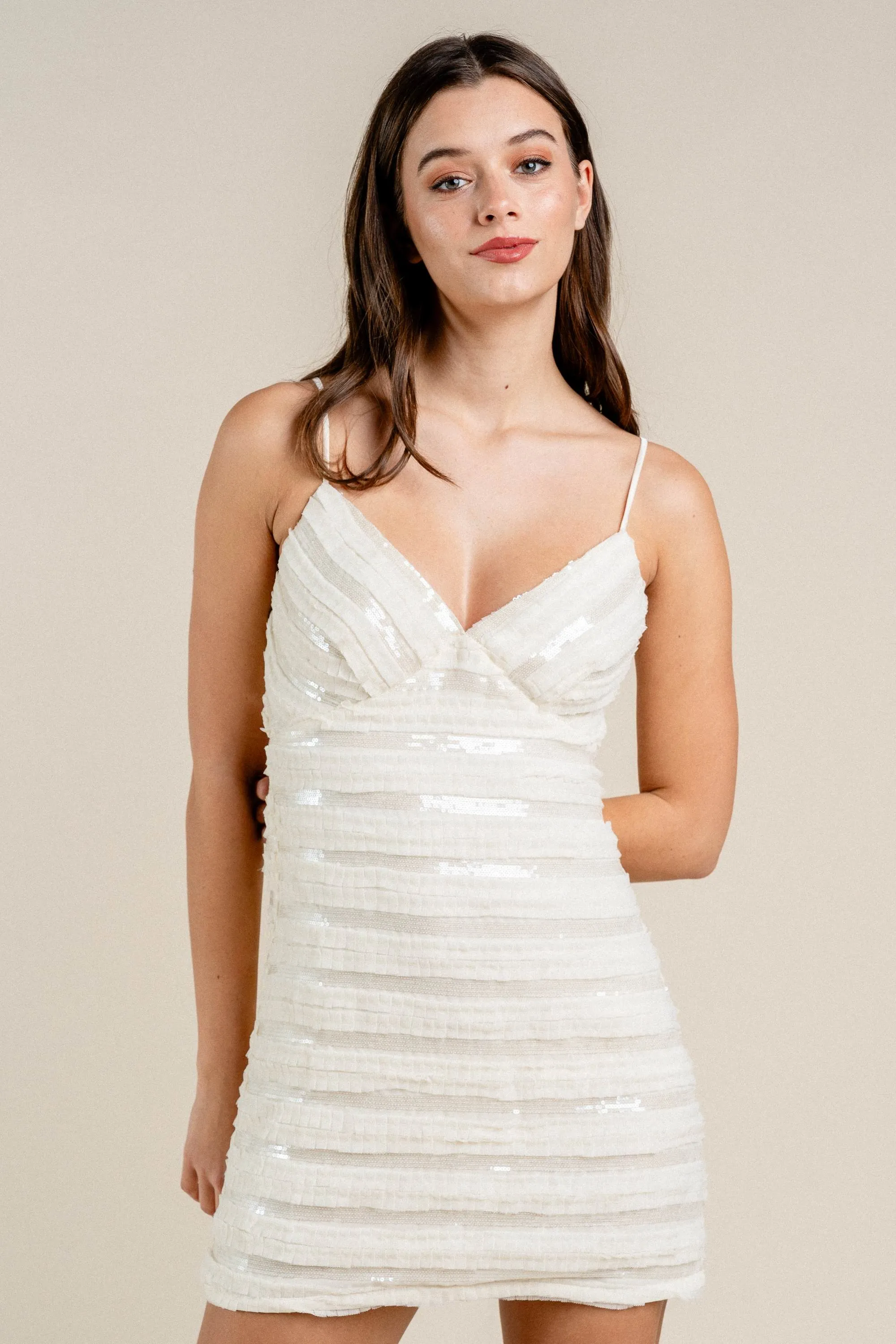 BD12730N / SEQUINS CHIFFON TEXTURED BACK TIE MINI DRESS sold by privy