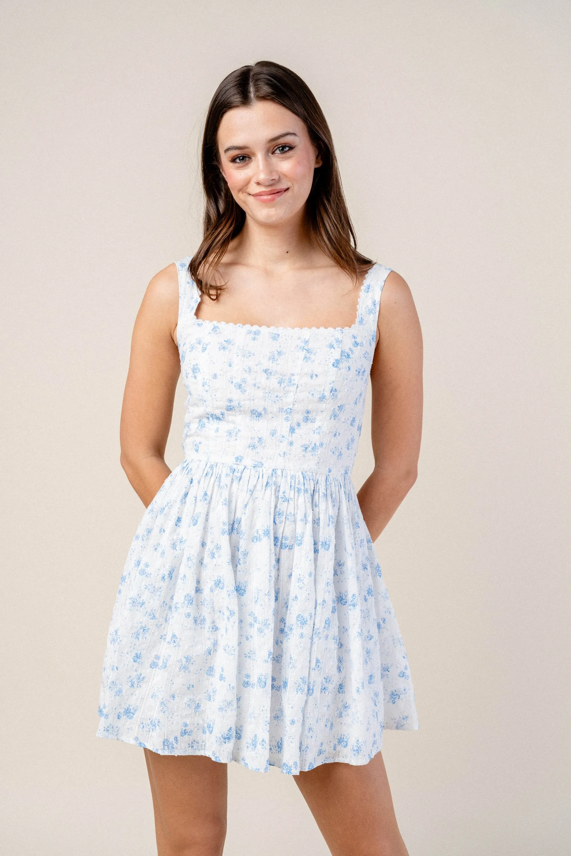 ROMANTIC FLORAL LACE TRIM SQUARE NECK SKATER MINI DRESS sold by privy