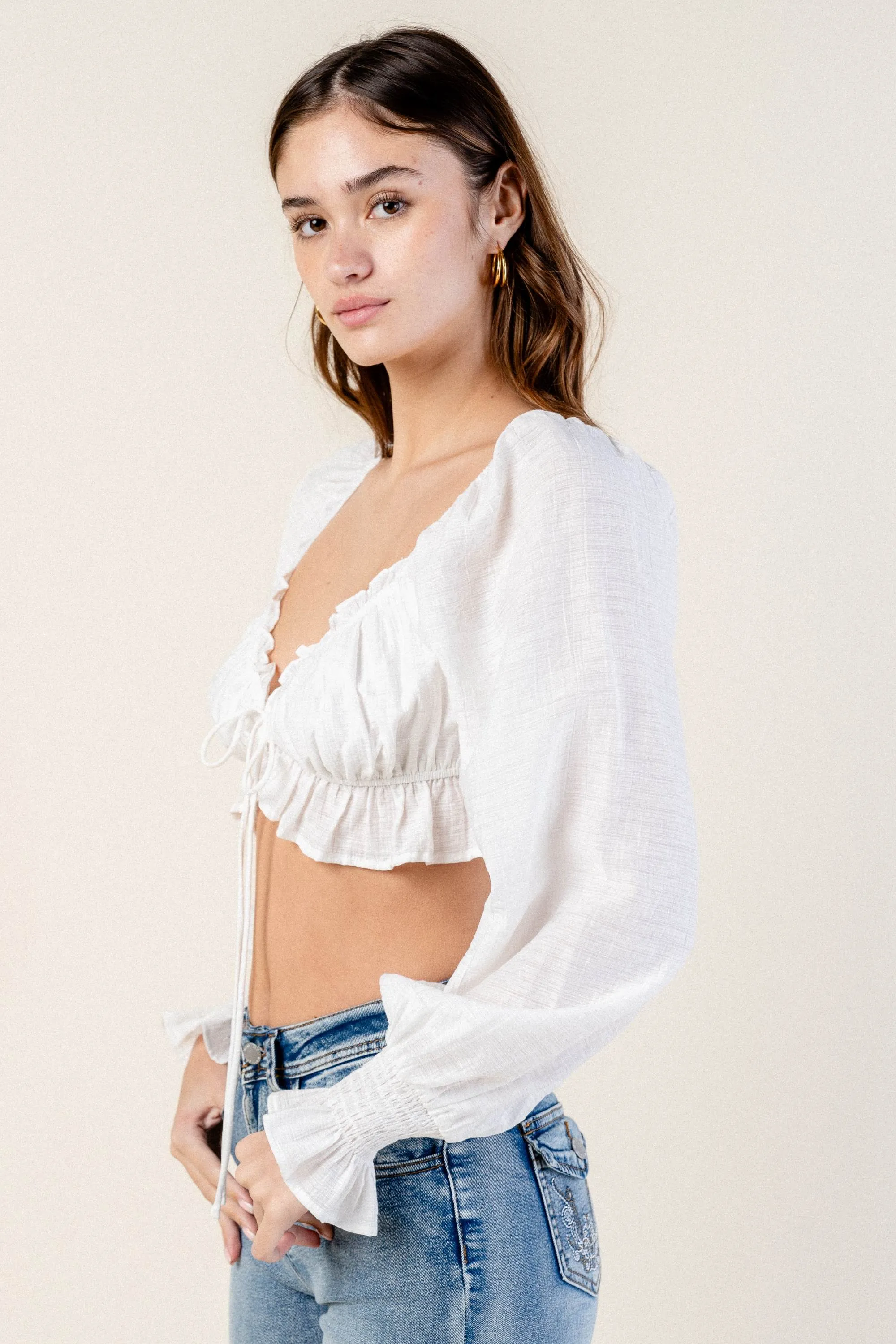 BT2654S / TEXTURED WOVEN RUFFLED FRONT TIE CROPPED TOP sold by privy product image thumbnail 2