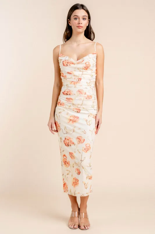 BD12724 / ROMANTIC FLORAL PRINT MESH COWL NECK MAXI DRESS sold by privy