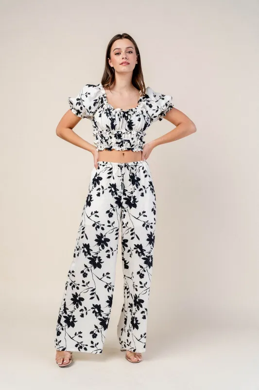 FLORAL PRINT CROP TOP AND WIDE LONG PANTS SET sold by privy