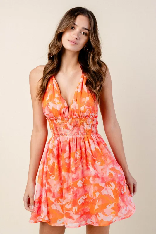 FLORAL PRINT CHIFFON HALTER SKATER MINI DRESS sold by privy