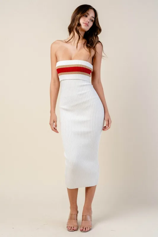BD12783B / SWEATER RIB STRIPE OFF SHOULDER TUBE MIDI DRESS sold by privy