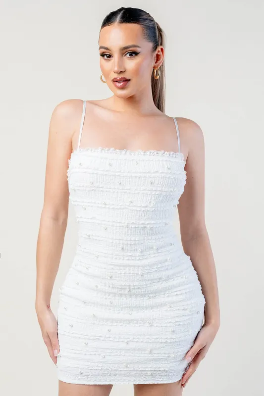 PEARL INSET RUFFLE LACE KNIT MINI DRESS sold by privy