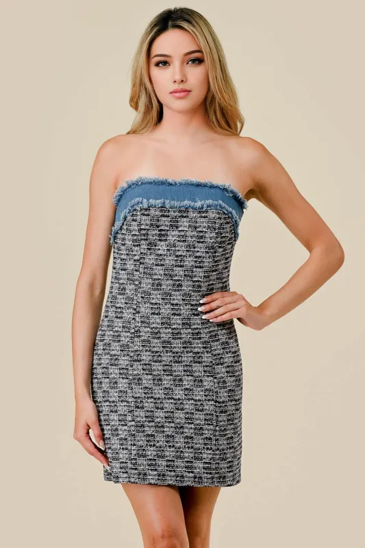 STRETCH TWEED DENIM OFF SHOULDER TUBE MINI DRESS made by privy