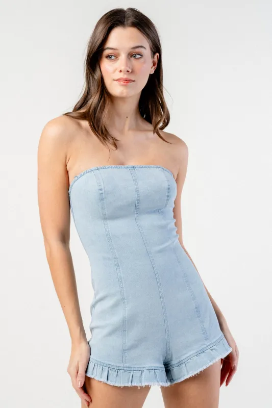 OFF THE SHOULDER STRETCH DENIM ROMPER sold by privy