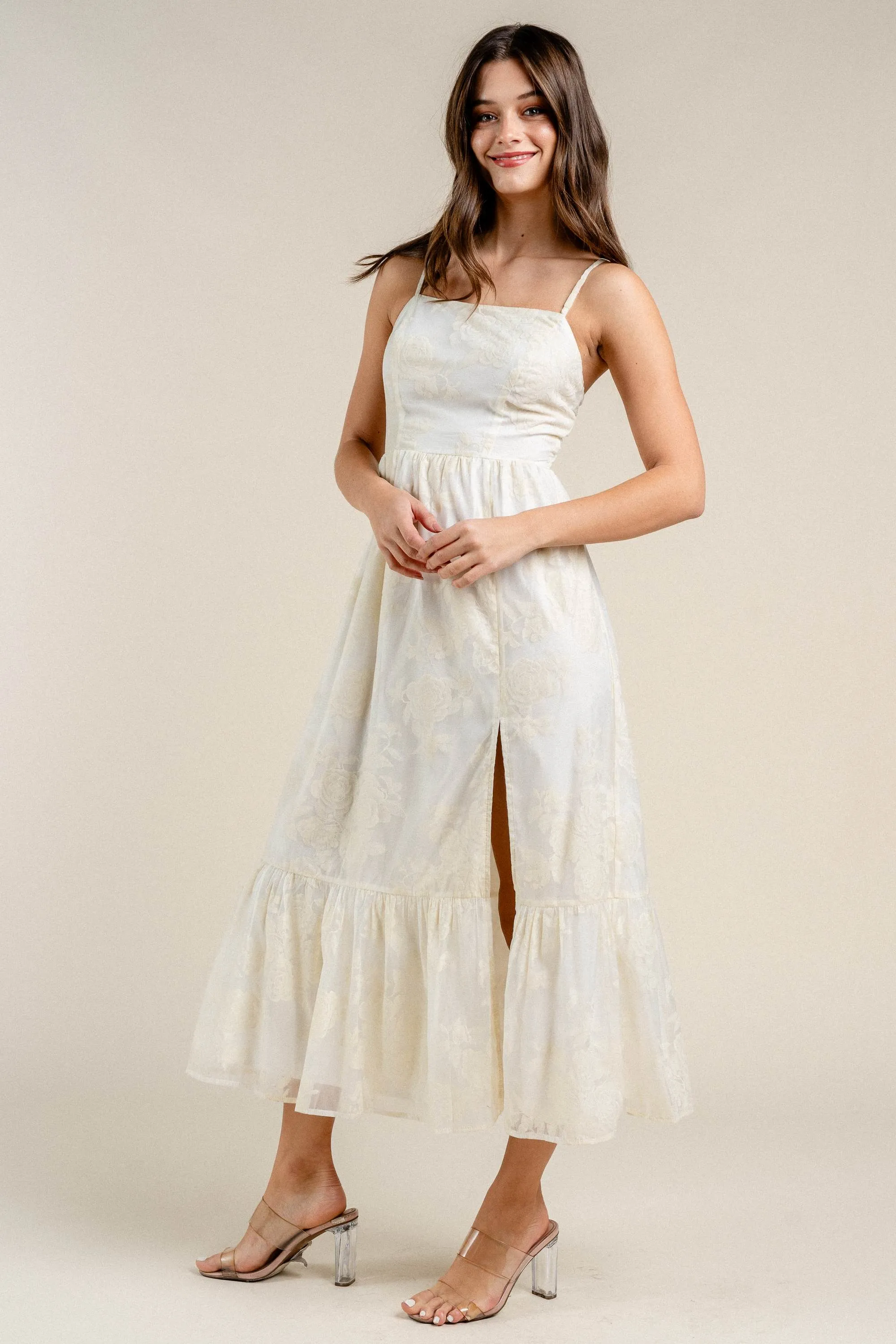 BD12850K / ORGANZA FLOCKING RUFFLED HEM SIDE SLIT MAXI DRESS sold by privy product image thumbnail 3