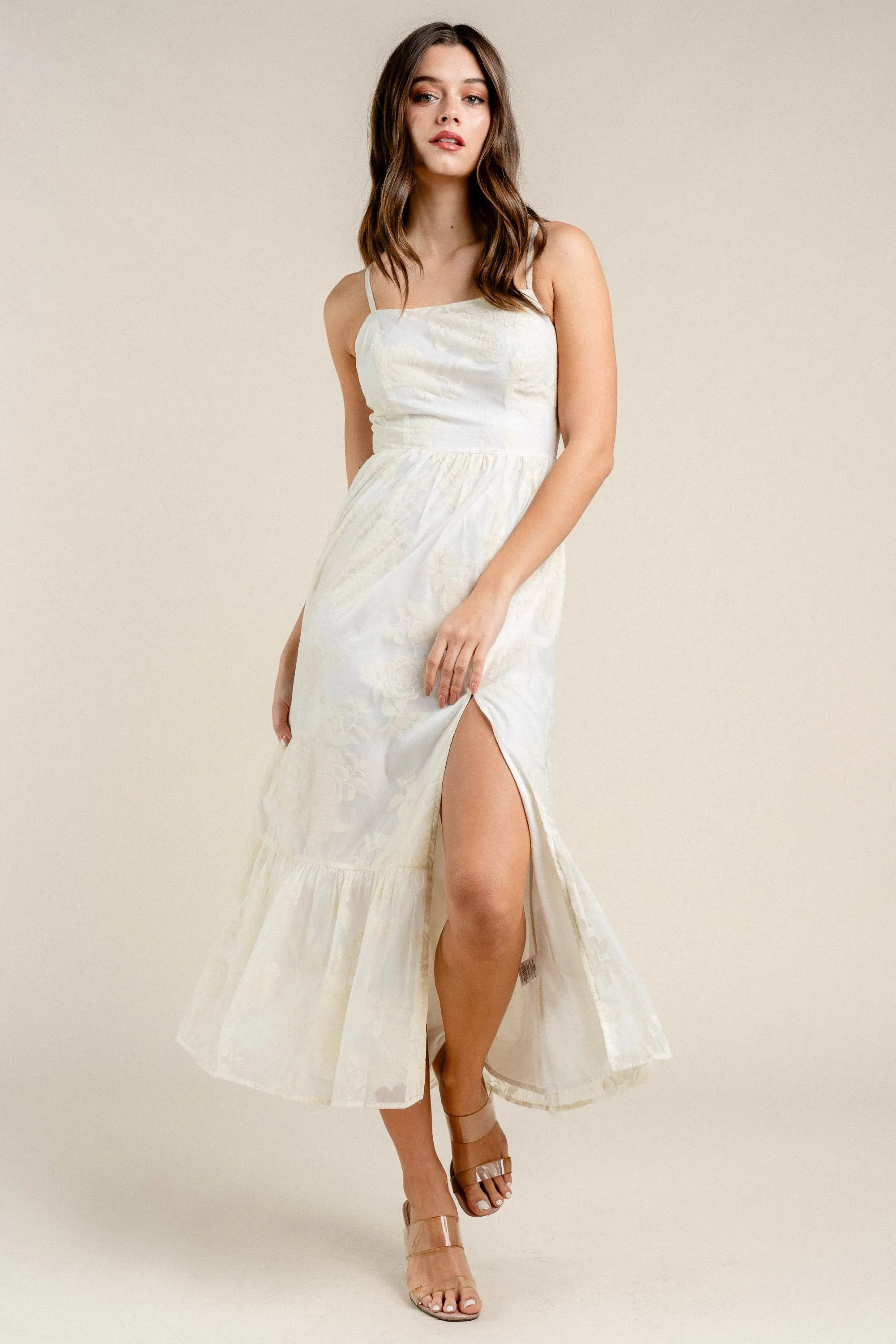 BD12850K / ORGANZA FLOCKING RUFFLED HEM SIDE SLIT MAXI DRESS sold by privy