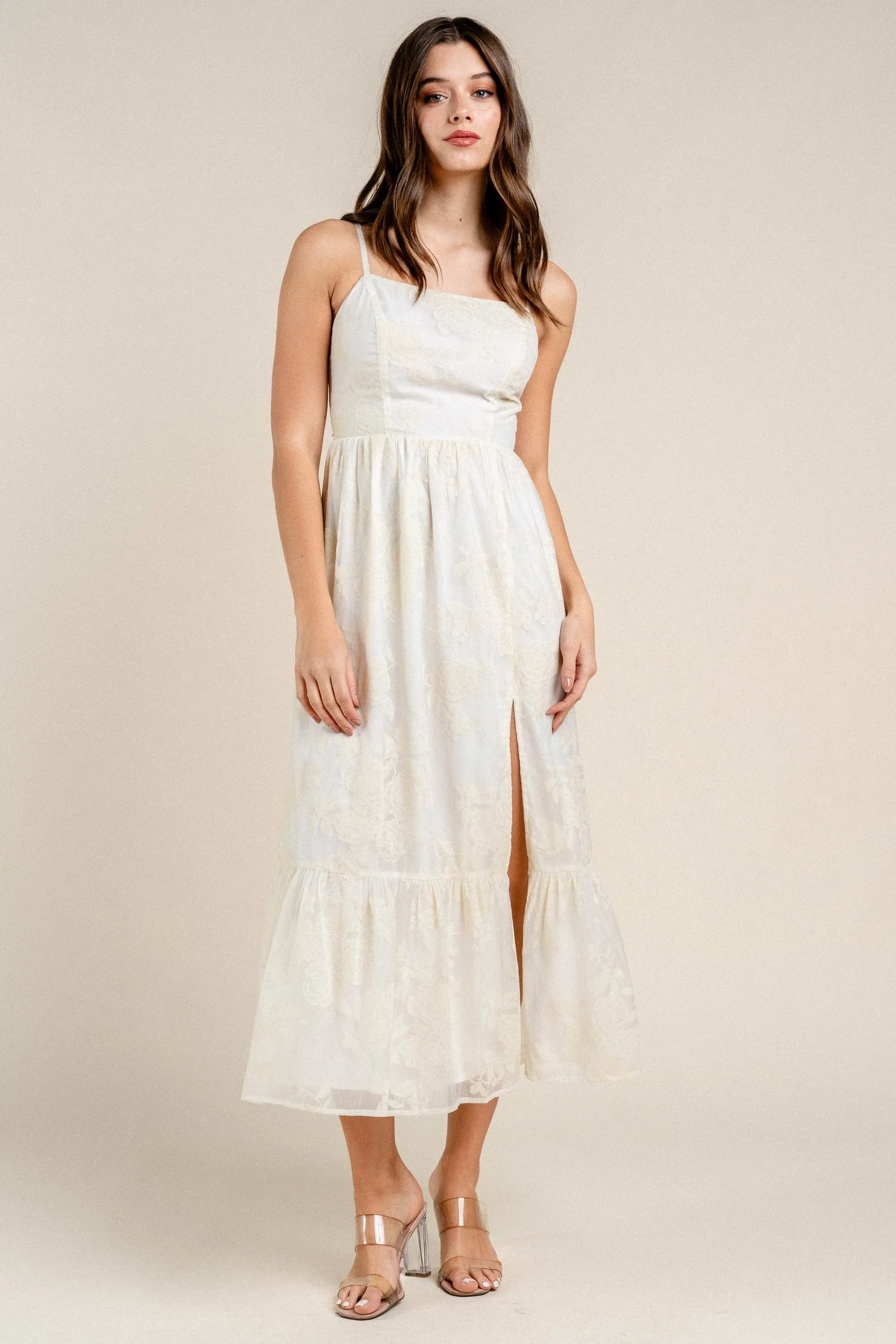 BD12850K / ORGANZA FLOCKING RUFFLED HEM SIDE SLIT MAXI DRESS sold by privy product image thumbnail 2