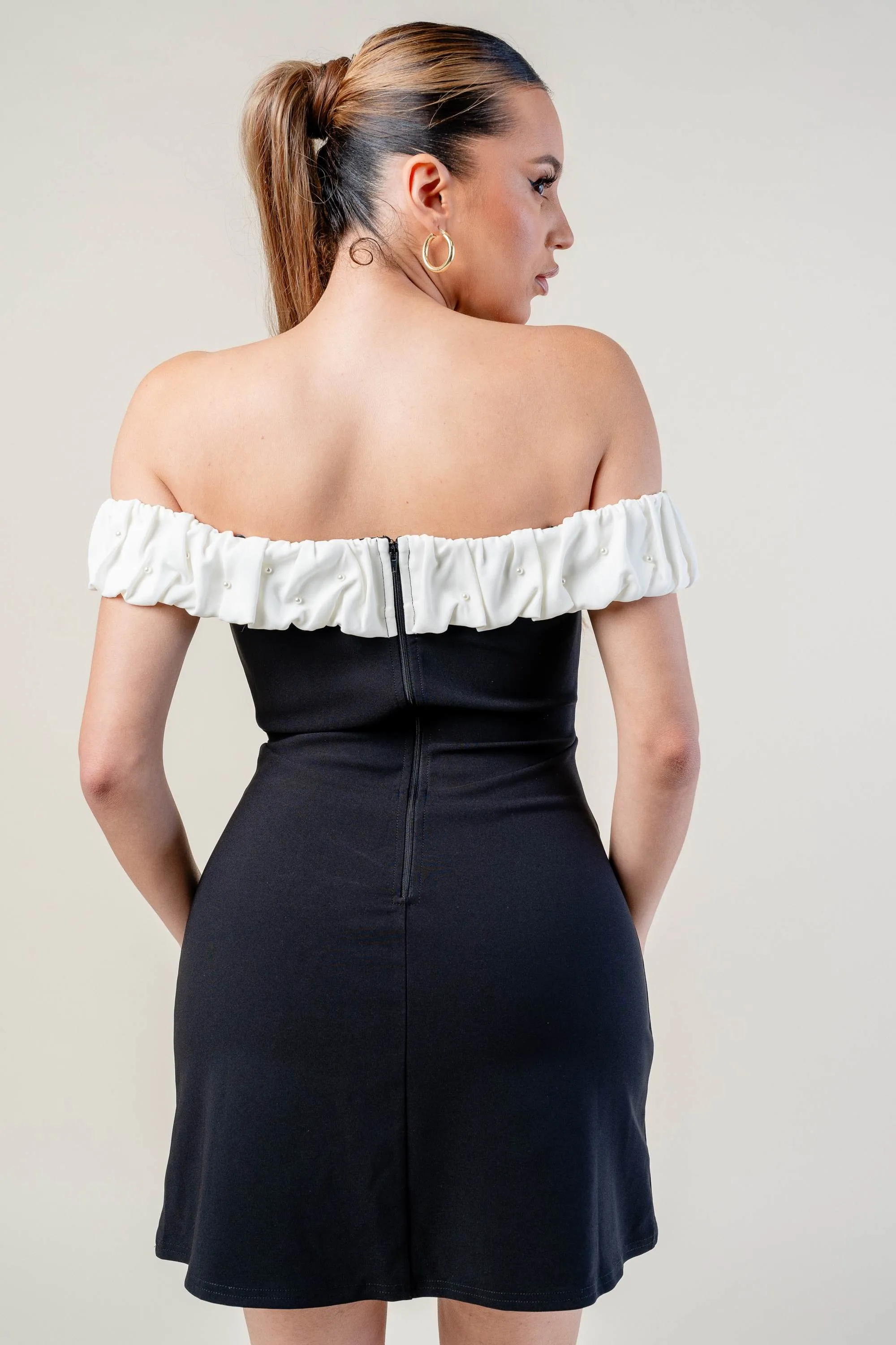 THICK STRETCH WOVEN OFF SHOULDER MINI DRESS sold by privy product image thumbnail 3