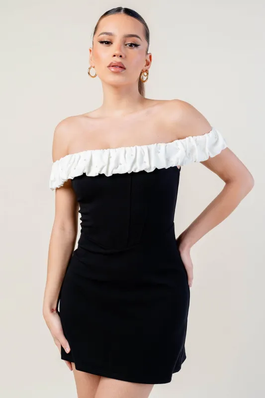 THICK STRETCH WOVEN OFF SHOULDER MINI DRESS sold by privy