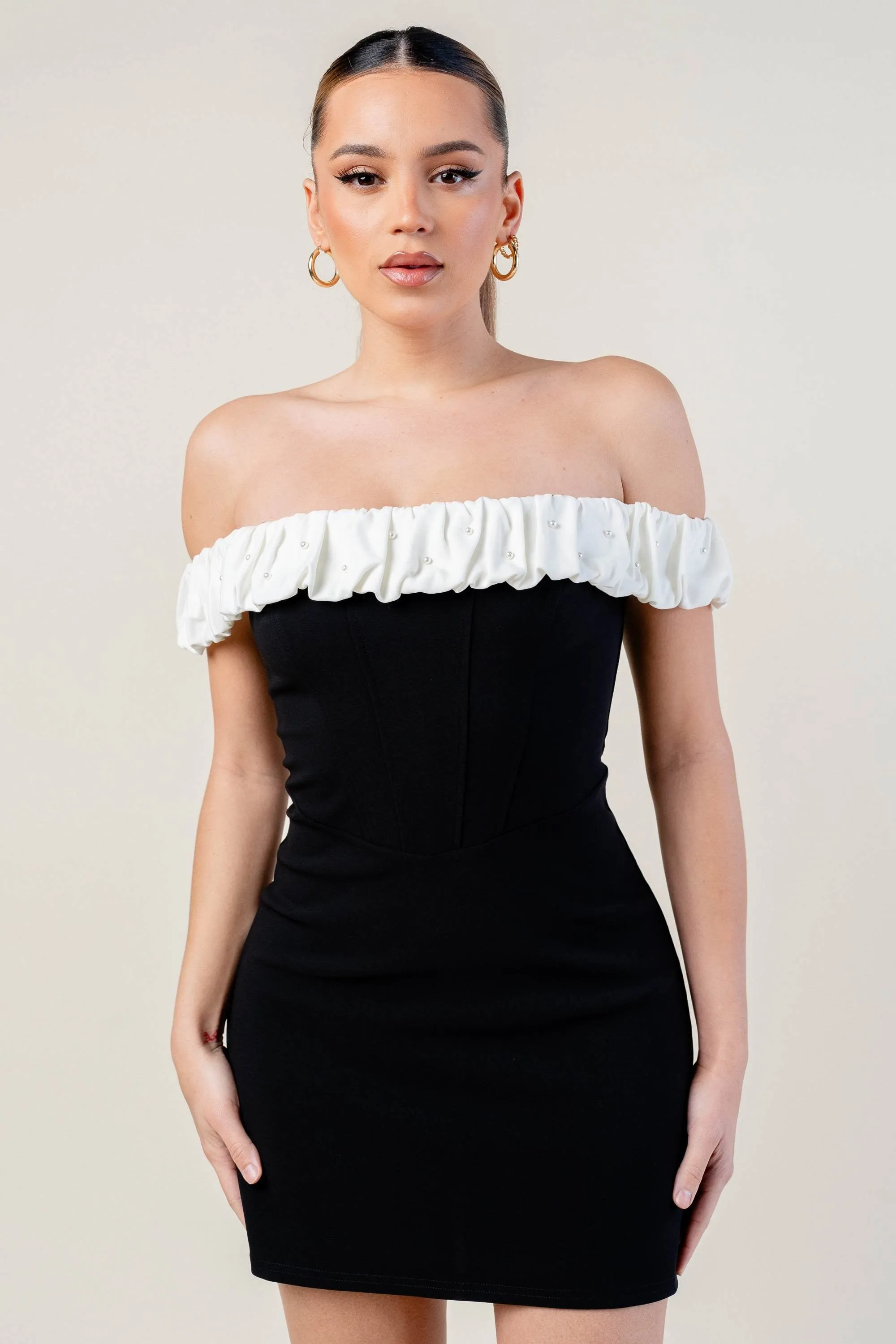 THICK STRETCH WOVEN OFF SHOULDER MINI DRESS sold by privy product image thumbnail 4