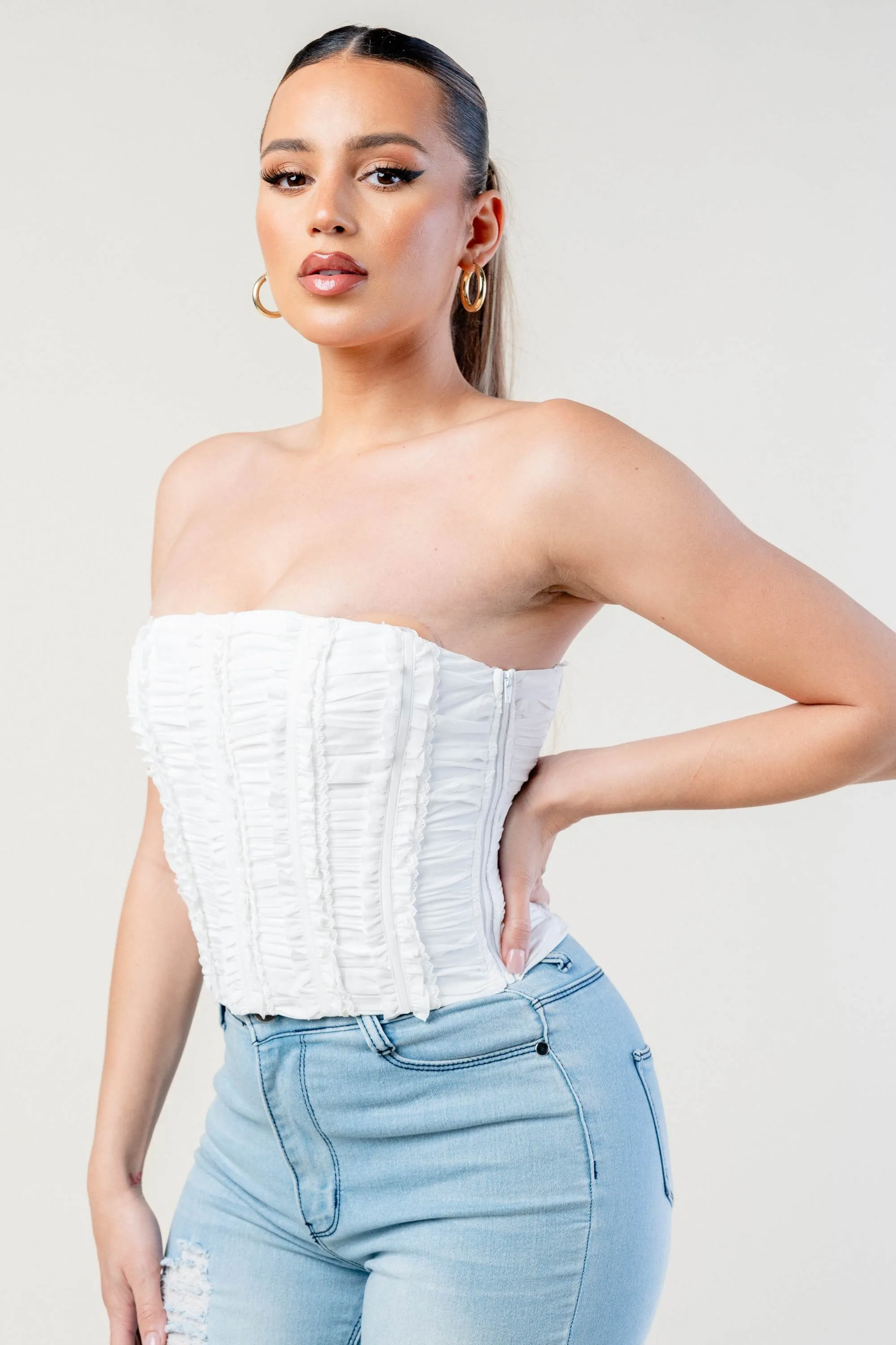 PT45126ETP-W / THIN WOVEN STRETCH CROP TUBE TOP sold by privy