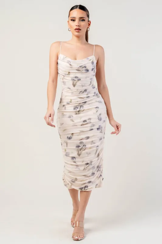 MESH PRINT COWL NECK RUCING MIDI DRESS sold by privy