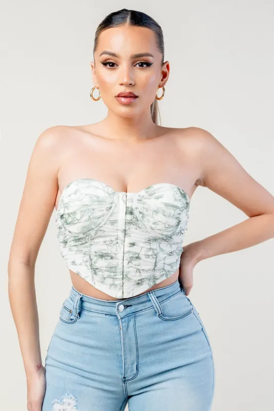 PT45268N-W / MESH PRINT STRAPPING DETAIL BUSTIER CORSET CROP TOP sold by privy
