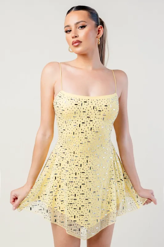 PD78234N-W / HOTFIX MESH WITH SQUAR STONE MINI DRESS sold by privy