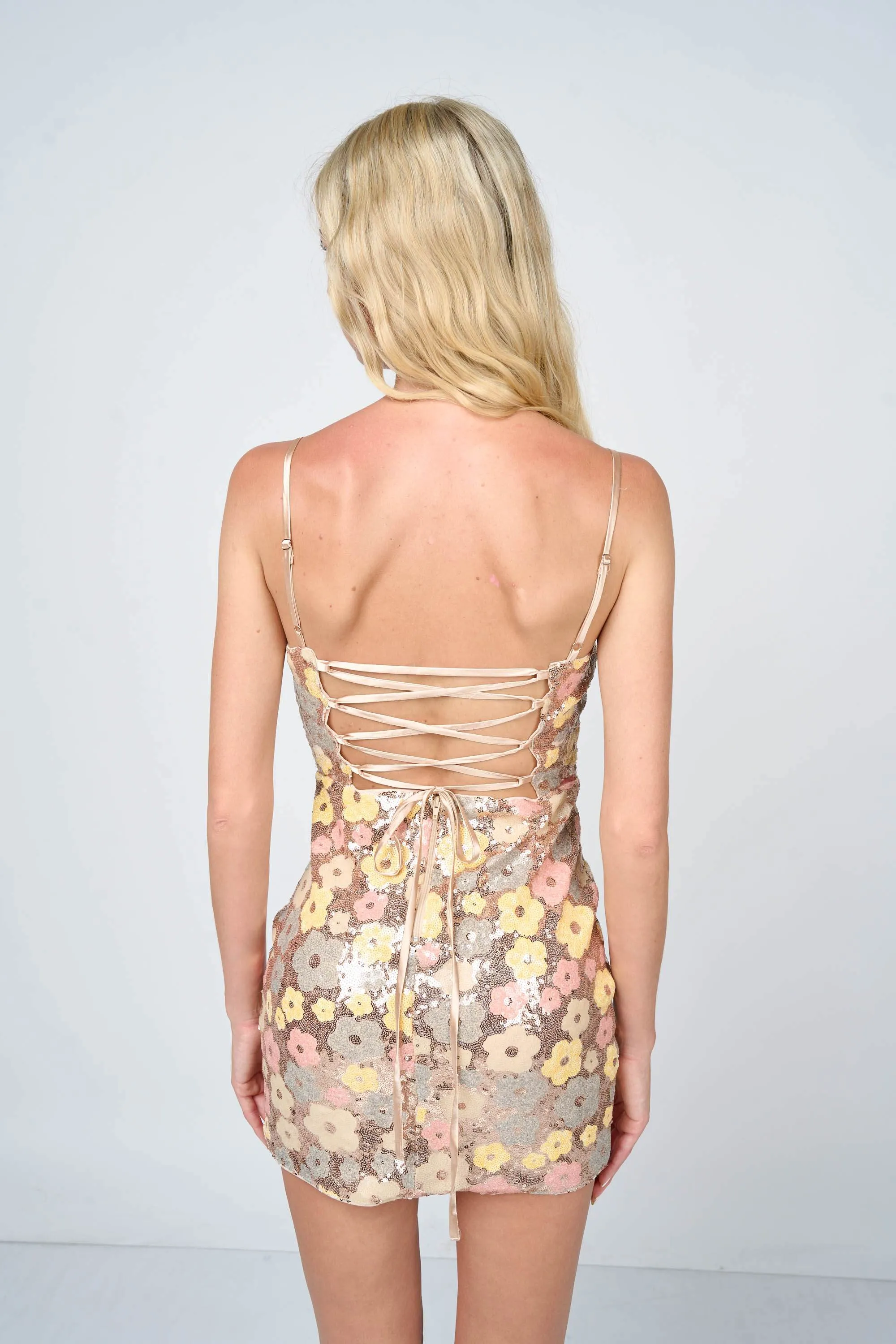 FLORAL SEQUINS BODYCON OPEN TIE BACK DETAIL MINI DRESS sold by privy product image thumbnail 4