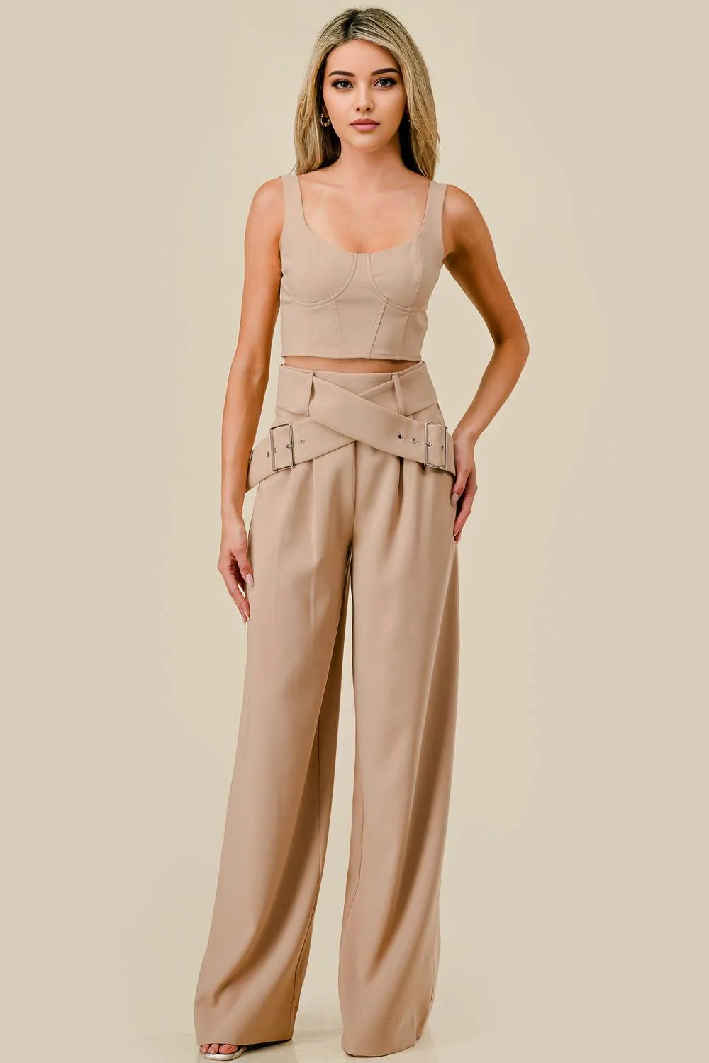 TWILL TANK TOP & SURPLICE BELTED PANTS SET sold by privy