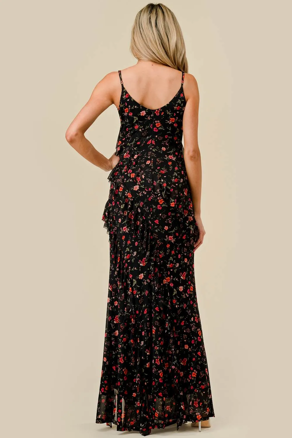 FLORAL PRINT MESH RUFFLED SIDE SLITTED MAXI DRESS sold by privy product image thumbnail 3