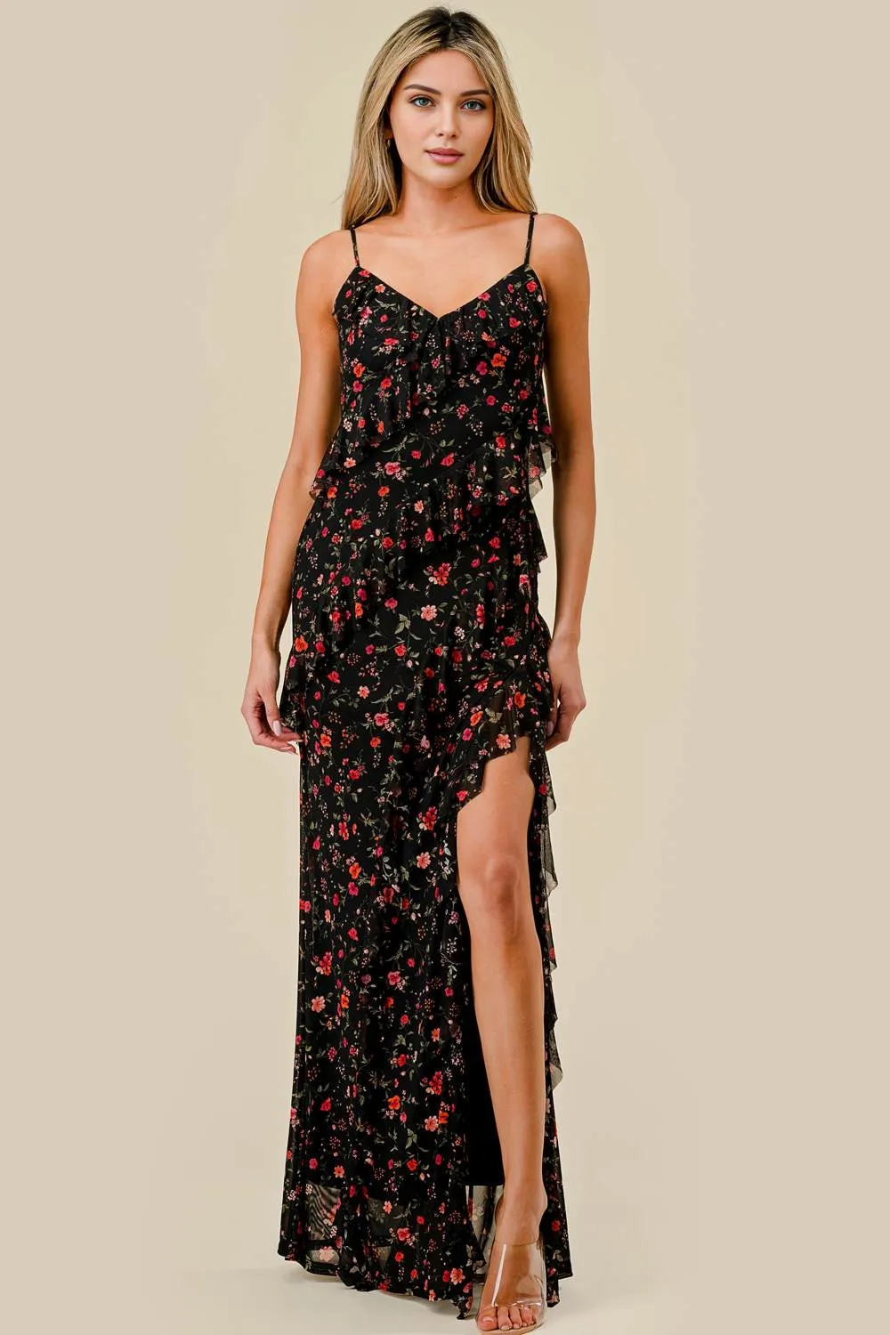FLORAL PRINT MESH RUFFLED SIDE SLITTED MAXI DRESS sold by privy product image thumbnail 4