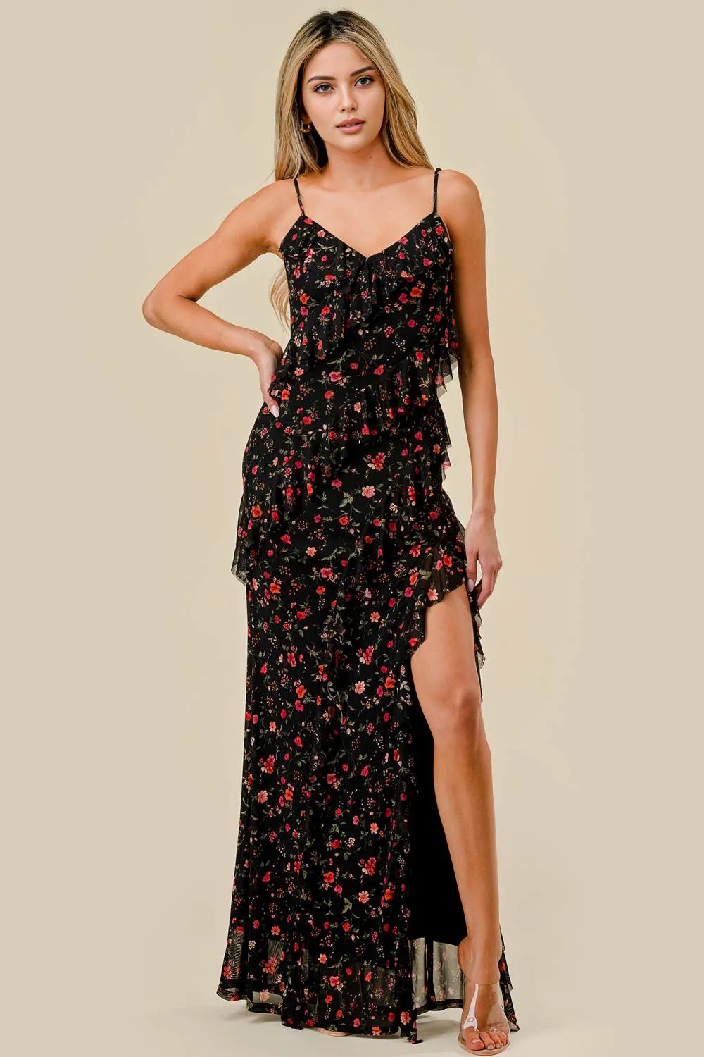 FLORAL PRINT MESH RUFFLED SIDE SLITTED MAXI DRESS sold by privy
