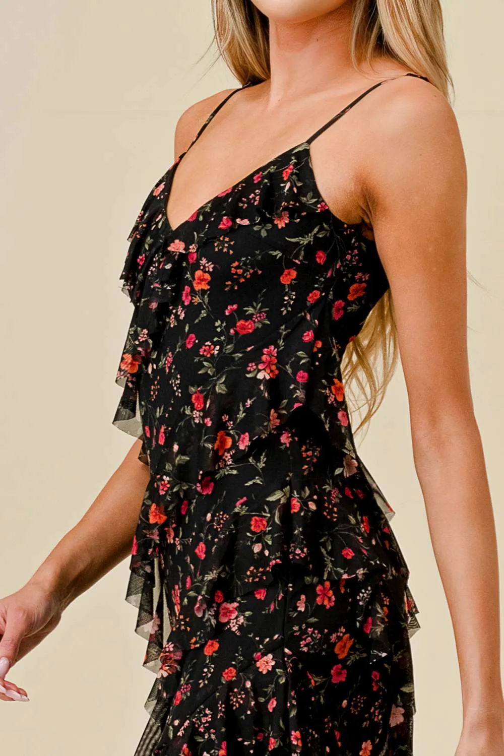 FLORAL PRINT MESH RUFFLED SIDE SLITTED MAXI DRESS sold by privy product image thumbnail 5