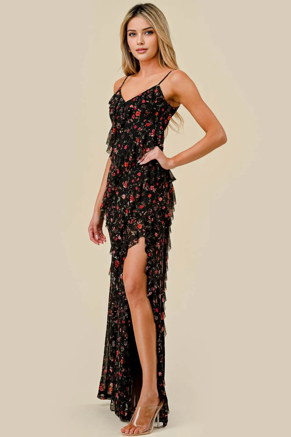 FLORAL PRINT MESH RUFFLED SIDE SLITTED MAXI DRESS sold by privy product image thumbnail 2
