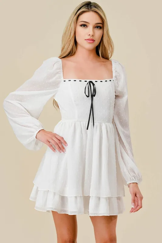 SWISS DOT CHIFFON RUFFLED TIERED MINI DRESS sold by privy