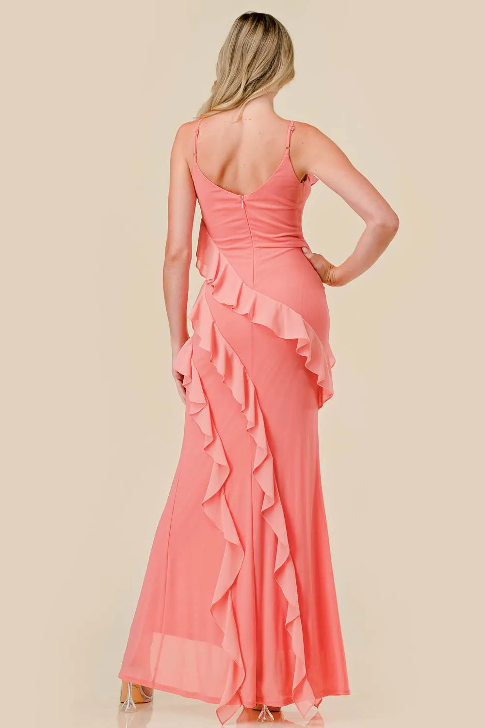 BD10847E / ELEGANT POWER MESH RUFFLED SIDE SLIT MAXI DRESS sold by privy product image thumbnail 3