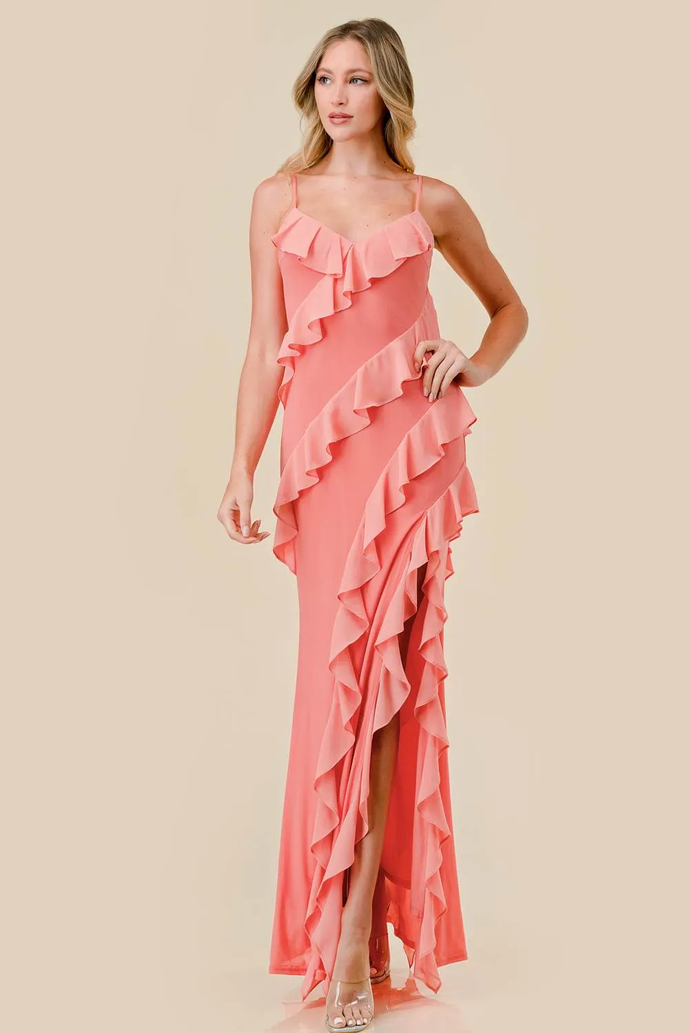BD10847E / ELEGANT POWER MESH RUFFLED SIDE SLIT MAXI DRESS sold by privy