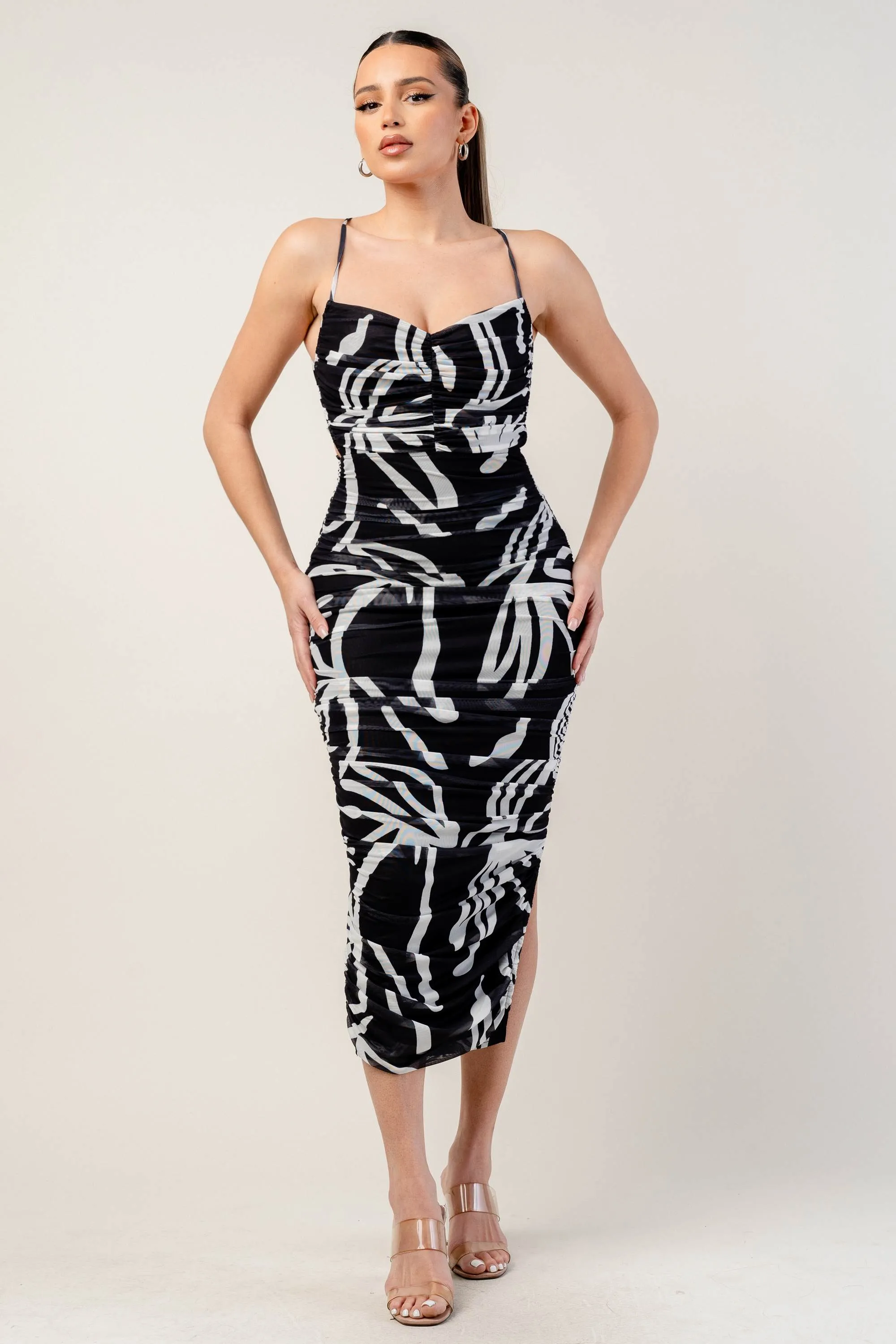 PD78561B-W / MESH PRINT OPEN BACK LACE UP RUCHING MIDI DRESS sold by privy