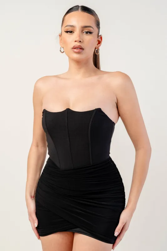 STRETCH WOVEN CORSET DETAIL MESH RUCHED MINI TUBE DRESS sold by privy